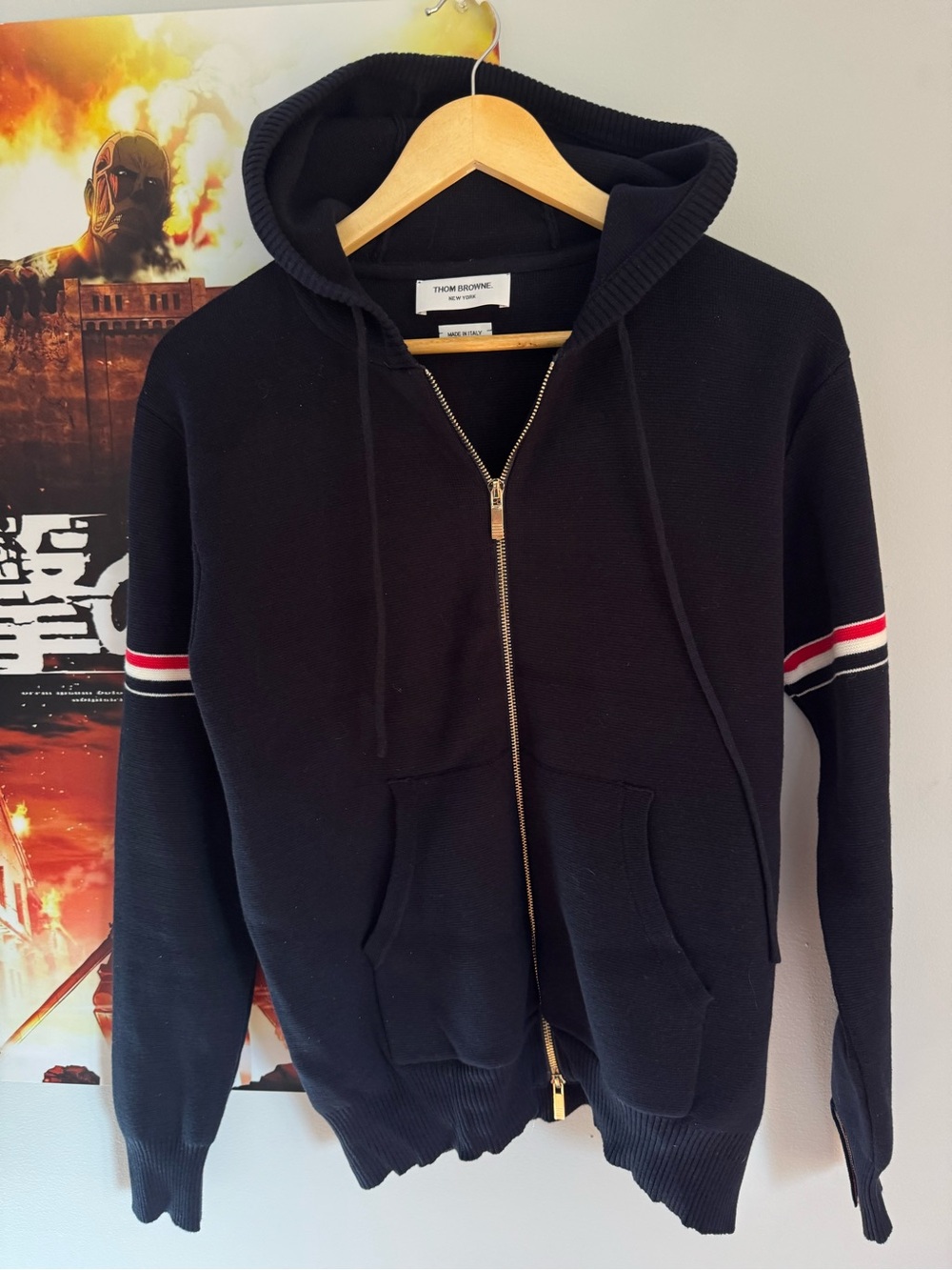 Thom Browne Black Zip Hoodie with Red and White Sleeve Stripes
